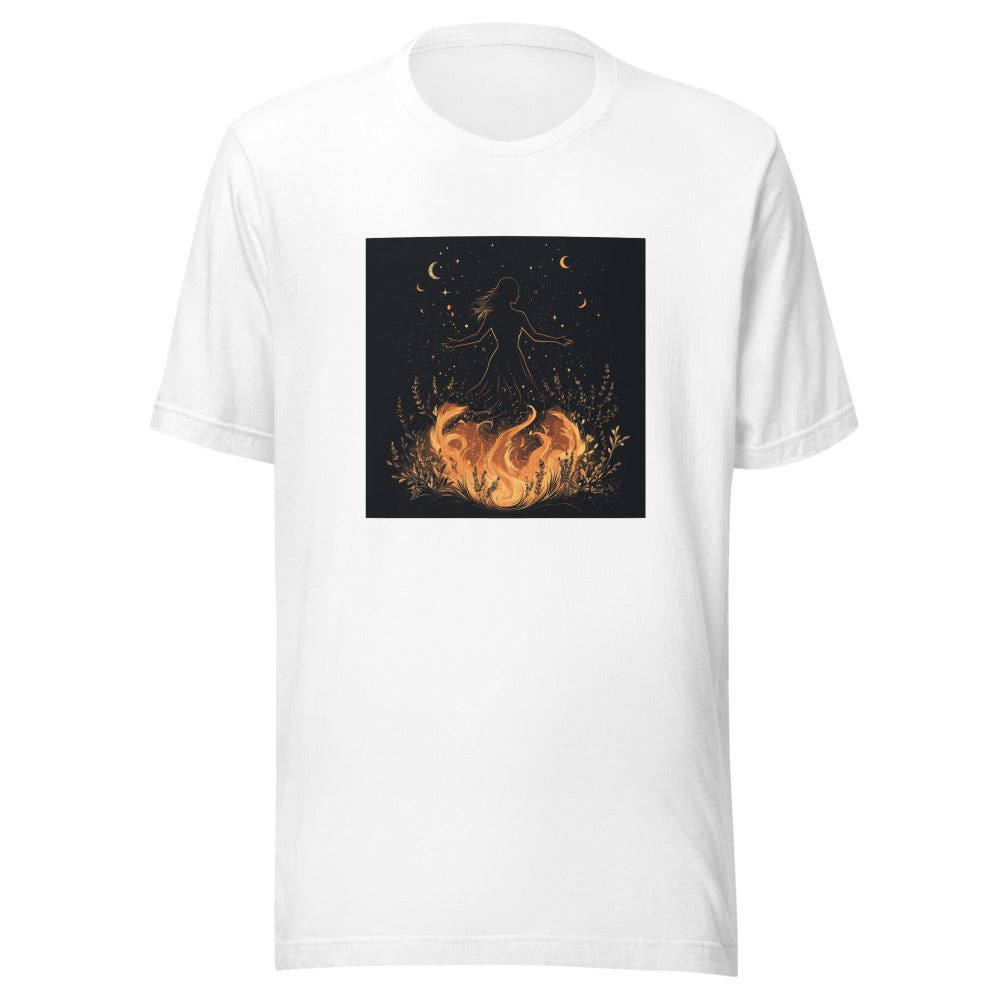 woman surrounded by flames illustration Tee front view — Wandering With Pride