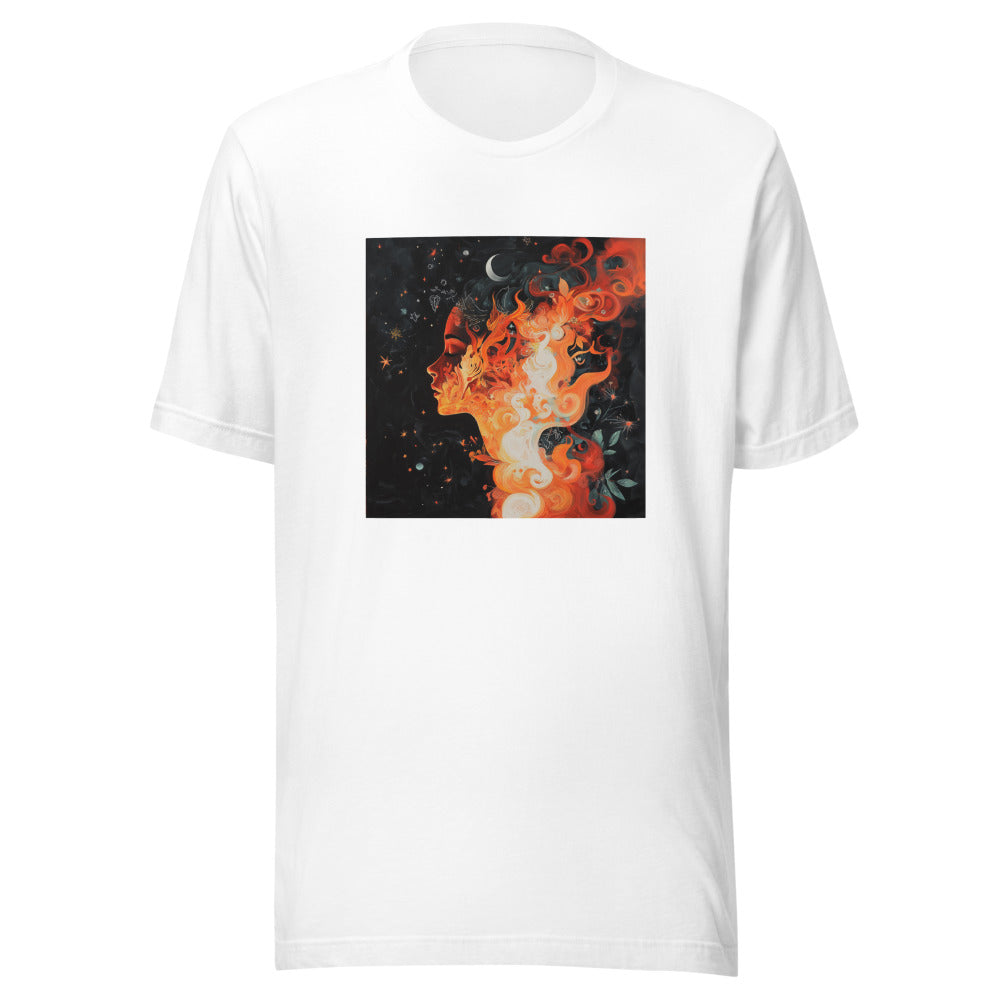woman merging with fiery muse illustration Tee front view — Wandering With Pride