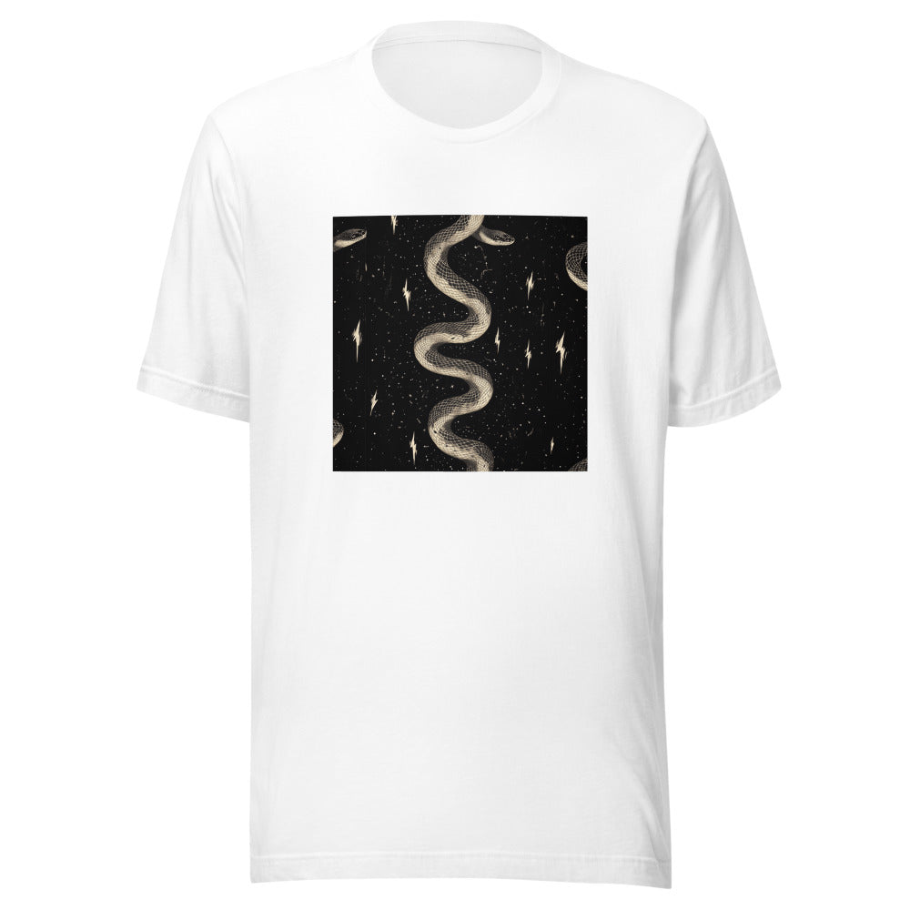 coiled snake pattern with surrounding outstretched snakes Tee front view — Wandering With Pride