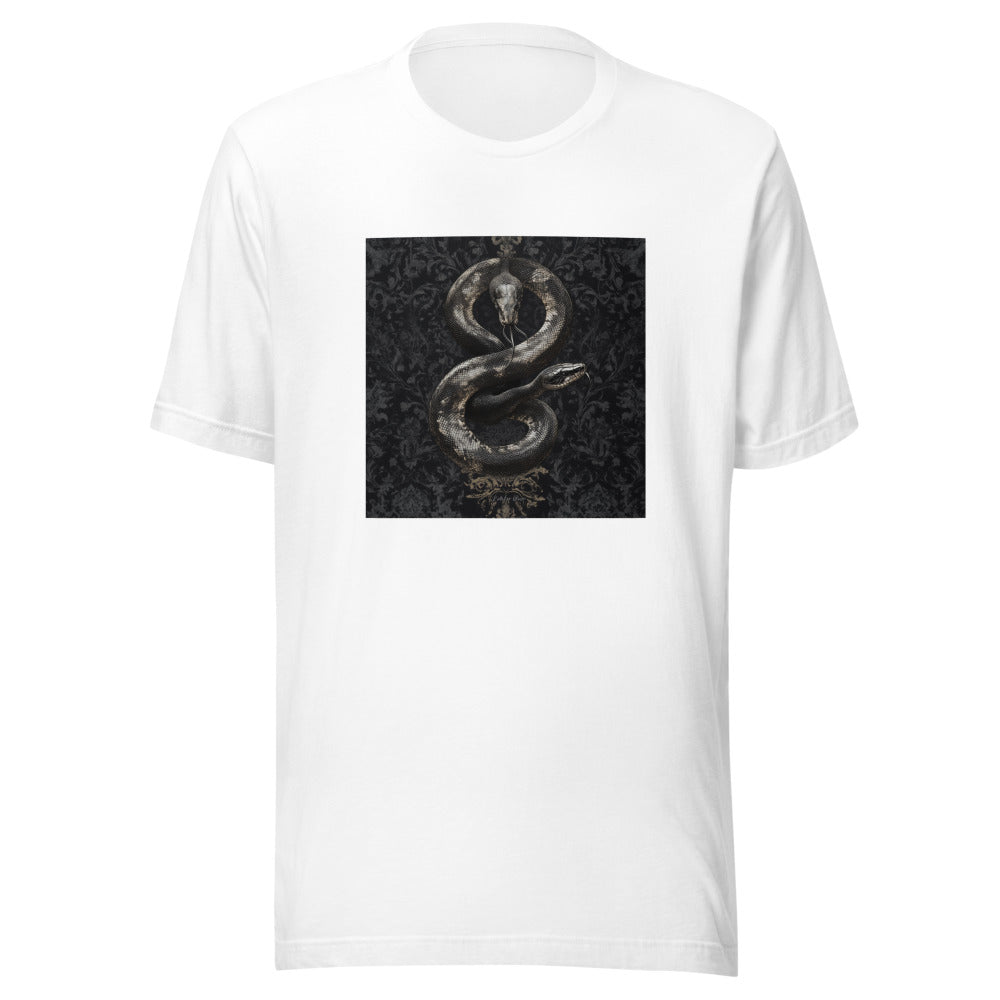 snake coiled around a skull illustration Tee front view — Wandering With Pride