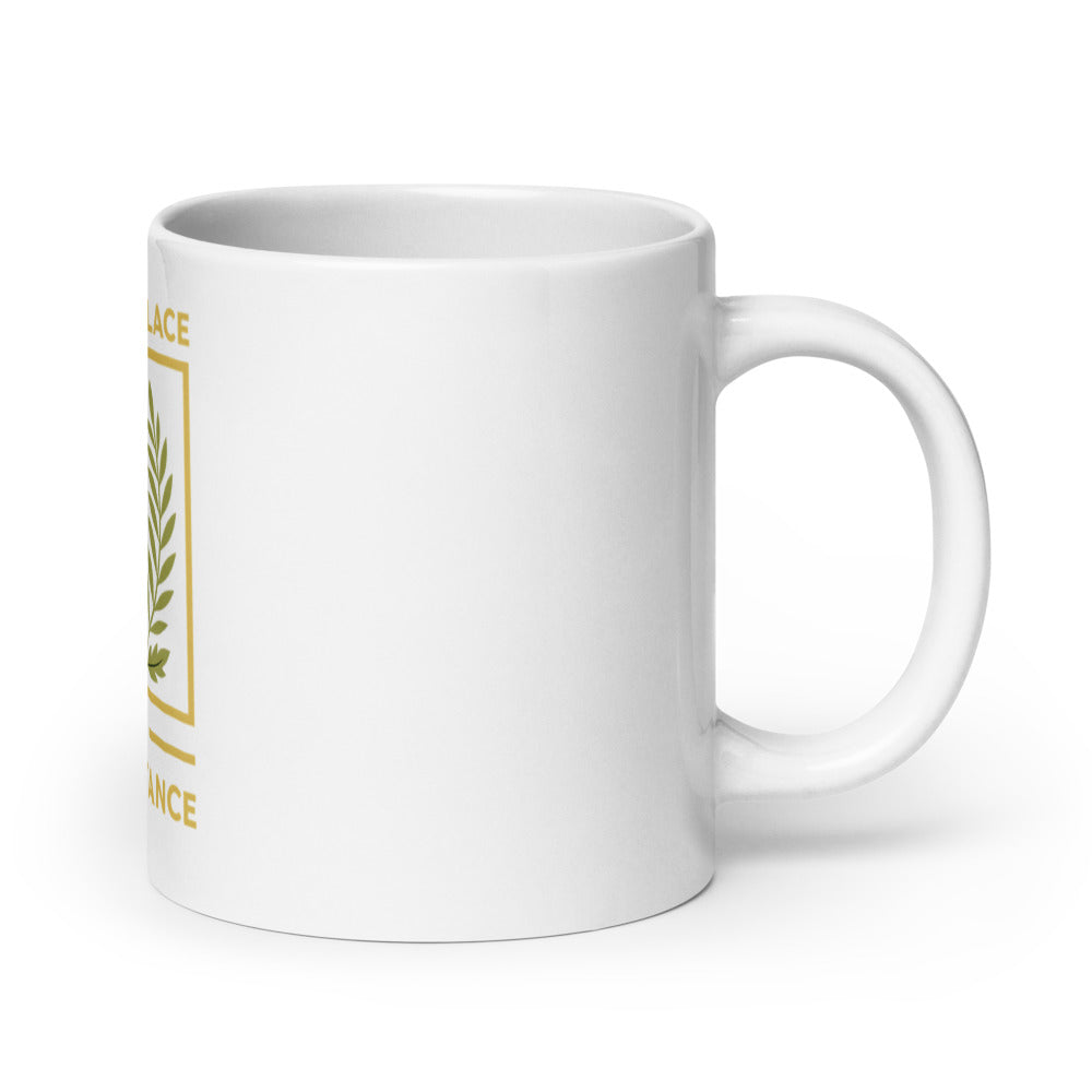Raised fist with flowers and text 'A Woman's Place is in the Resistance' 11oz Mug front view — Wandering With Pride