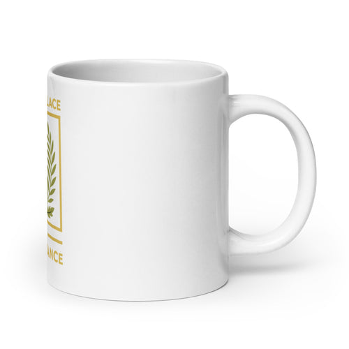 Raised fist with flowers and text 'A Woman's Place is in the Resistance' 11oz Mug front view — Wandering With Pride