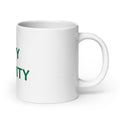 DEFY GRAVITY typography in blocky green letters on black 11oz Mug front view — Wandering With Pride