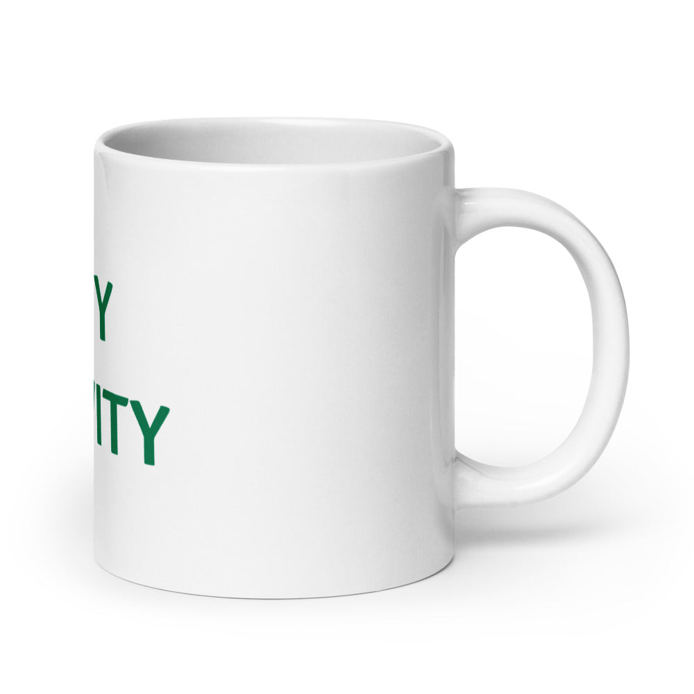 DEFY GRAVITY typography in blocky green letters on black 11oz Mug front view — Wandering With Pride