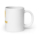 0 FEET AWAY mask-like logo with round eyes 11oz Mug front view — Wandering With Pride