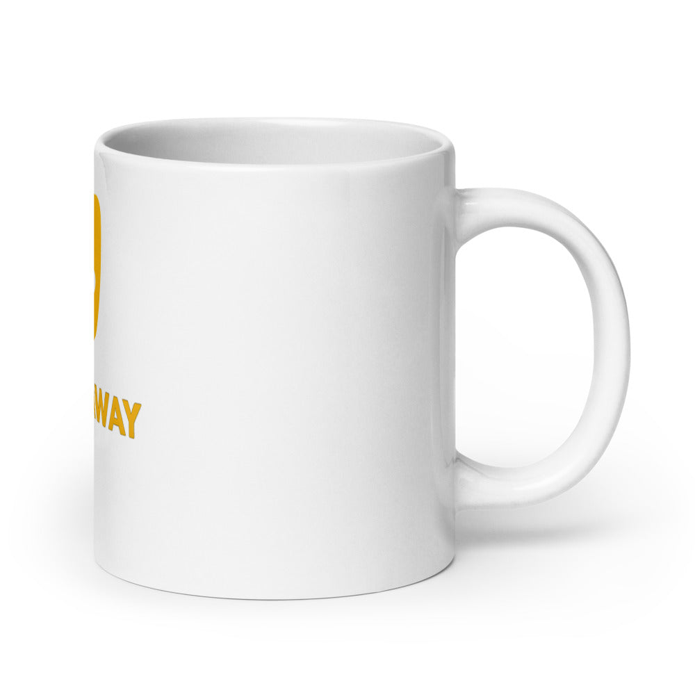 0 FEET AWAY mask-like logo with round eyes 11oz Mug front view — Wandering With Pride