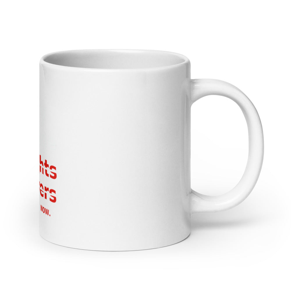 Typography-based protest graphic with 'Policy & Change' over crossed-out 'Thoughts' and 'Prayers' 11oz Mug front view — Wandering With Pride