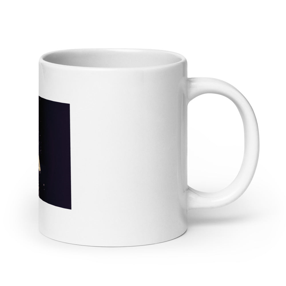 black-and-white illustration of a woman in flowing gauze fabric 11oz Mug front view — Wandering With Pride