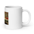 woman in 1950s-style white dress standing before pink-blossomed tree and vintage car 11oz Mug front view — Wandering With Pride