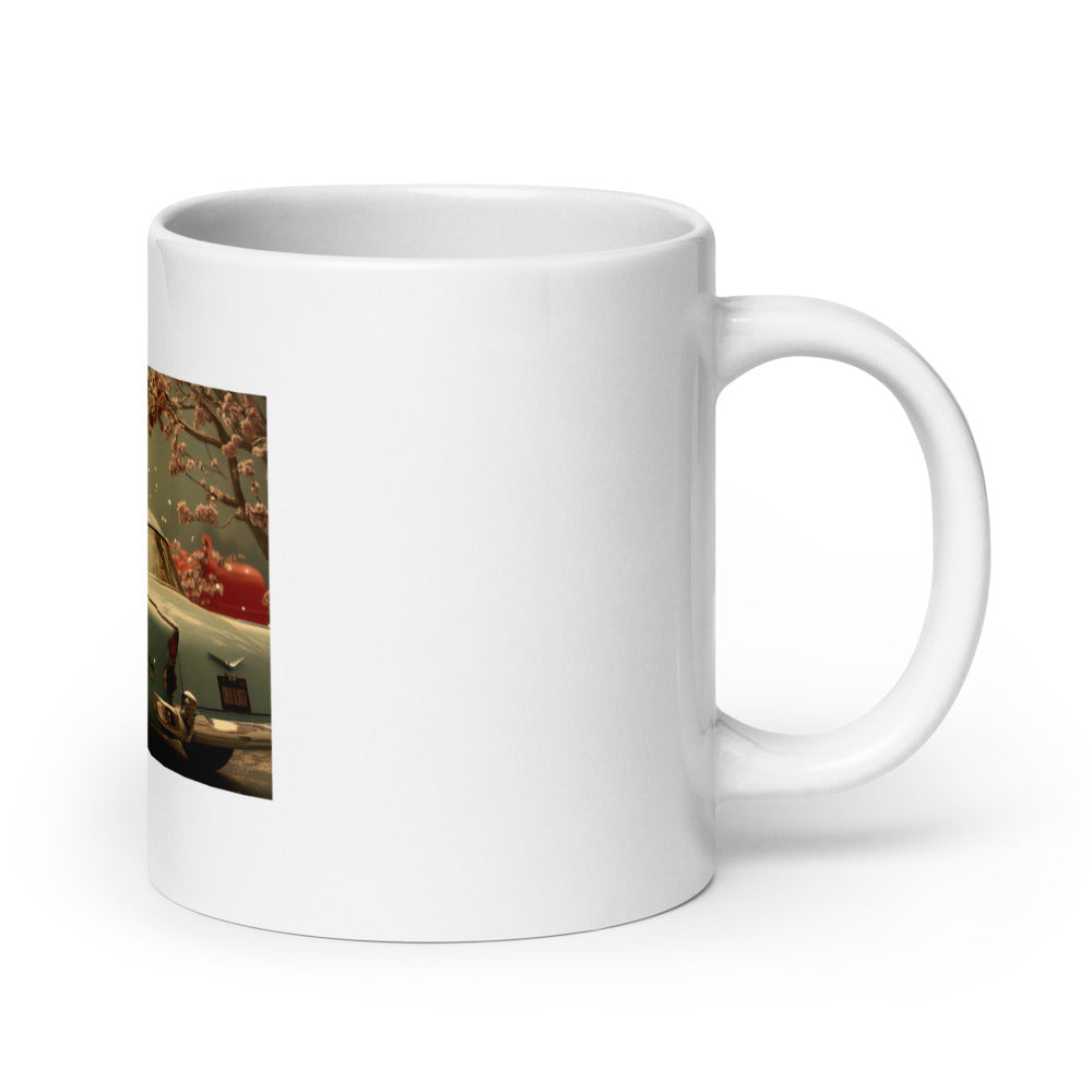 woman in 1950s-style white dress standing before pink-blossomed tree and vintage car 11oz Mug front view — Wandering With Pride